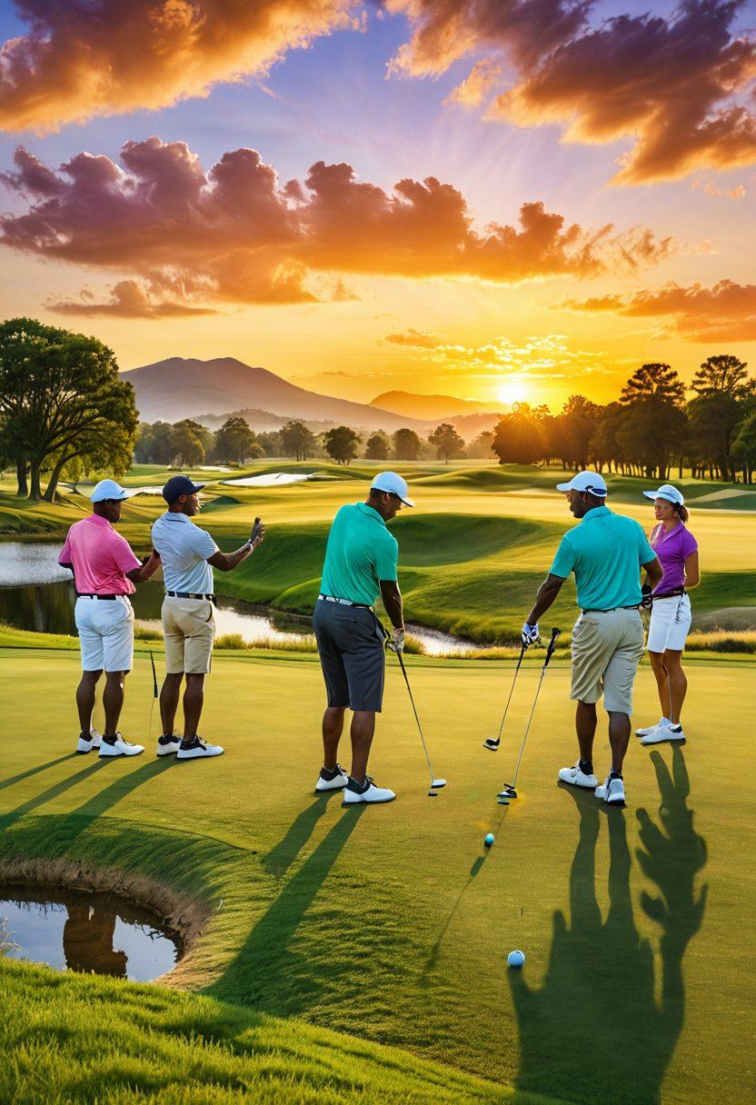 A diverse group of golfers of various skill levels, practicing together on a lush green golf course, sharing tips and high-fiving after a successful swing. The background features a serene lake and rolling hills, with vibrant sunset colors painting the sky, emphasizing a sense of community and improvement. Super-realistic. Vibrant colors.